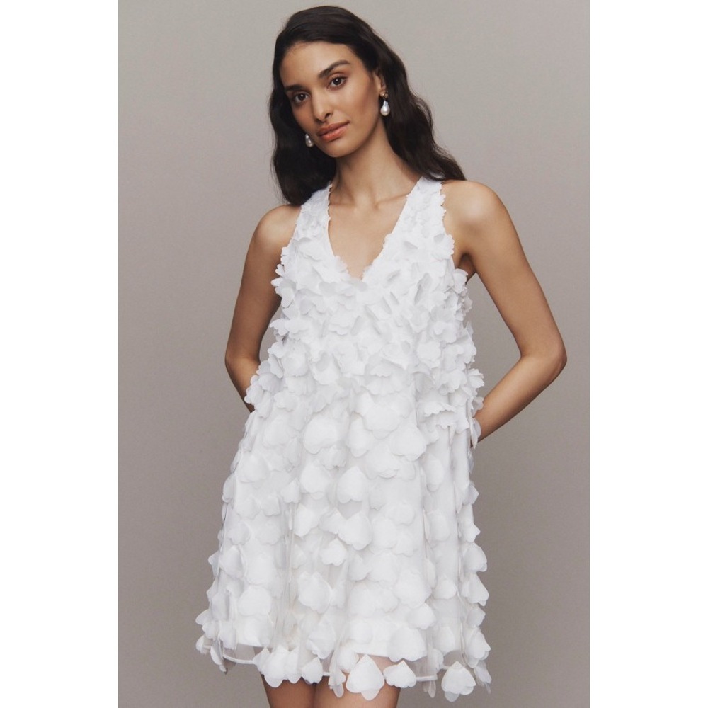 BHLDN Anthropologie White 3D Floral Petal Mini Dress V-Neck Keyhole Back Medium